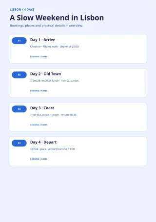 Travel Itinerary — Bold Indigo — editable white calendar and planner template, a4 print