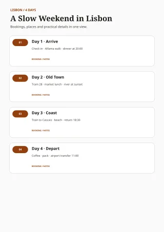 Travel Itinerary — Editorial Amber — editable white calendar and planner template, a4 print