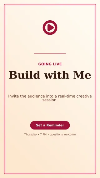 Luxe Livestream Announcement Story — editable white creator template, story / reel