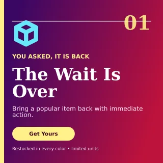 Editorial Back in Stock Square Post — editable purple retail promotion template, instagram post