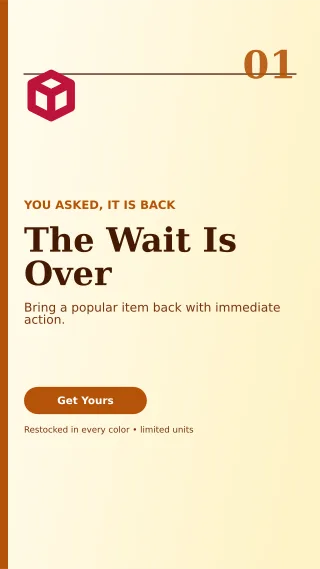 Editorial Back in Stock Story — editable white retail promotion template, story / reel