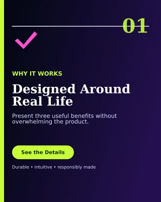 Editorial Product Benefits Portrait Post — editable black retail promotion template, instagram portrait