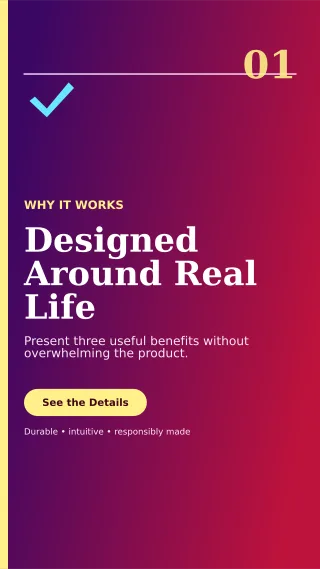 Editorial Product Benefits Story — editable purple retail promotion template, story / reel