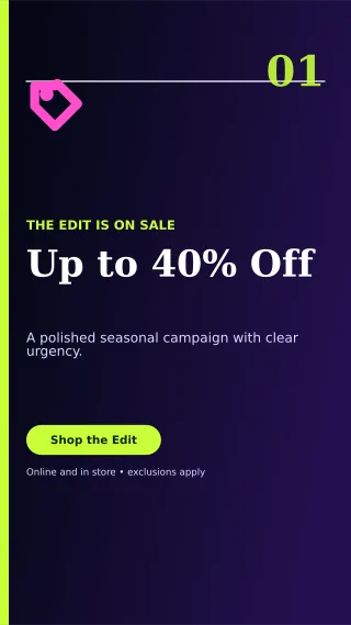 Editorial Seasonal Sale Story — editable black retail promotion template, story / reel