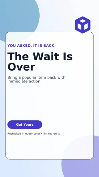Glass Back in Stock Story — editable white retail promotion template, story / reel