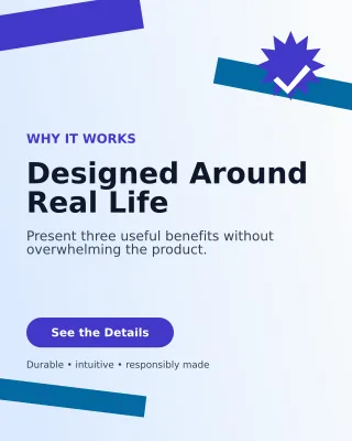 Kinetic Product Benefits Portrait Post — editable white retail promotion template, instagram portrait
