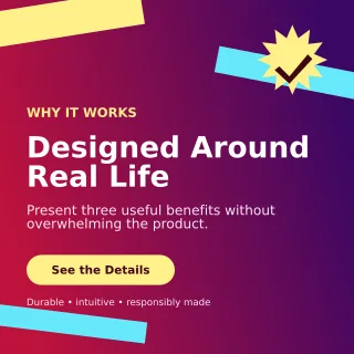 Kinetic Product Benefits Square Post — editable purple retail promotion template, instagram post