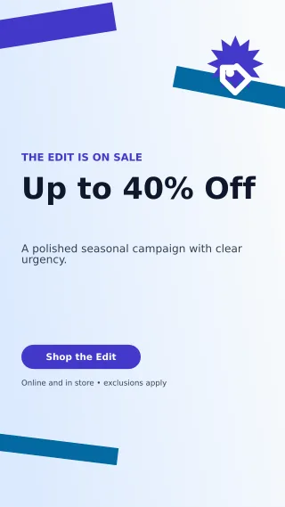 Kinetic Seasonal Sale Story — editable white retail promotion template, story / reel