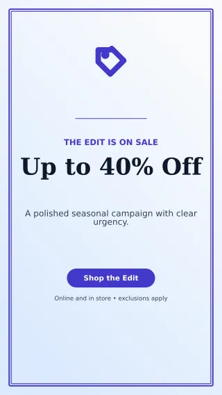 Luxe Seasonal Sale Story — editable white retail promotion template, story / reel