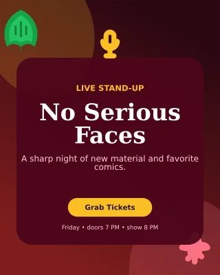 Botanical Comedy Night Poster — editable black entertainment event template, instagram portrait