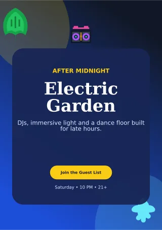 Botanical Nightclub Event A4 Flyer — editable blue entertainment event template, a4 print