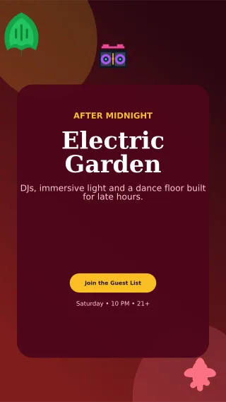 Botanical Nightclub Event Digital Flyer — editable black entertainment event template, story / reel