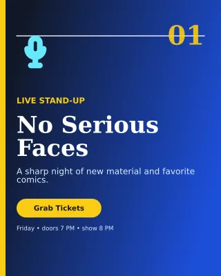 Editorial Comedy Night Poster — editable blue entertainment event template, instagram portrait