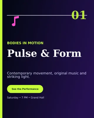 Editorial Dance Showcase Poster — editable black entertainment event template, instagram portrait