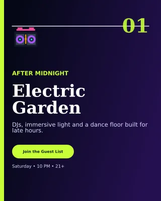 Editorial Nightclub Event Poster — editable black entertainment event template, instagram portrait