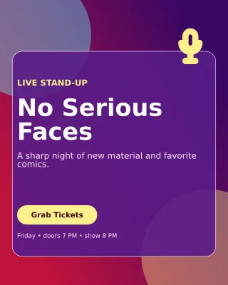 Glass Comedy Night Poster — editable purple entertainment event template, instagram portrait