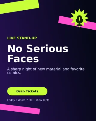 Kinetic Comedy Night Poster — editable black entertainment event template, instagram portrait