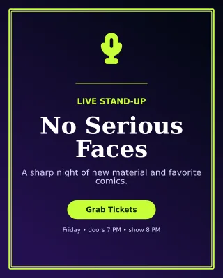 Luxe Comedy Night Poster — editable black entertainment event template, instagram portrait