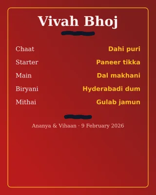Indian Wedding Menu — editable red invitation template, instagram portrait