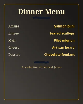 Reception Dinner Menu — editable black invitation template, instagram portrait