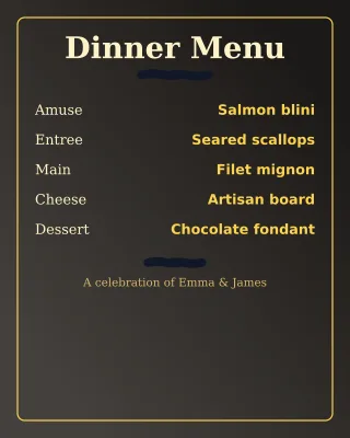 Reception Dinner Menu — editable black invitation template, instagram portrait
