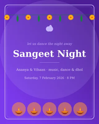 Sangeet Night — editable purple invitation template, instagram portrait