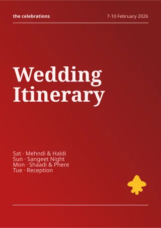 Shaadi Itinerary — editable red invitation template, a4 print