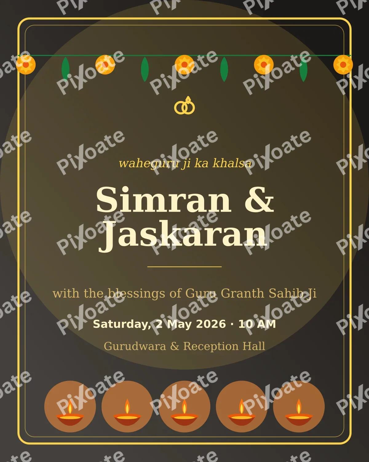 Sikh Wedding Blessing — editable black invitation template, instagram portrait