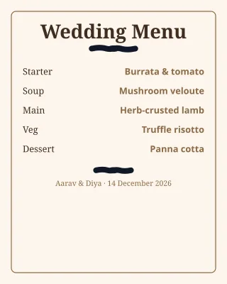 Wedding Menu — editable white invitation template, instagram portrait