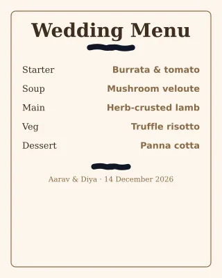 Wedding Menu — editable white invitation template, instagram portrait