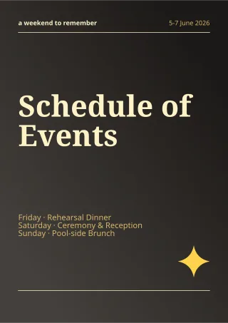 Weekend Itinerary Gold — editable black invitation template, a4 print