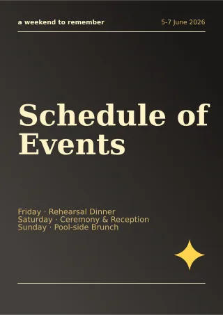 Weekend Itinerary Gold — editable black invitation template, a4 print