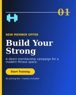 Editorial Gym Membership Poster — editable blue health and fitness template, instagram portrait