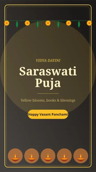 Saraswati Puja Story — editable black holiday template, story / reel