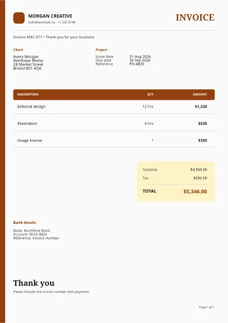 Freelance Invoice — Editorial Amber — editable white invoice template, a4 print