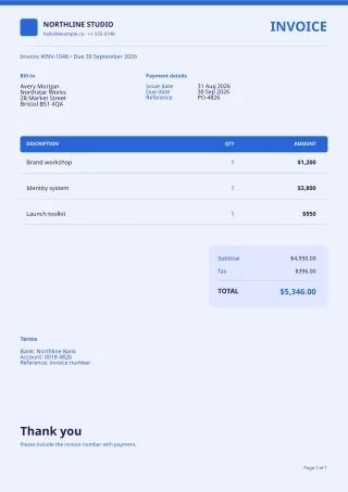 Professional Invoice — Bold Indigo — editable white invoice template, a4 print