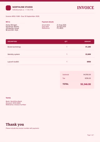Professional Invoice — Burgundy Studio — editable white invoice template, a4 print