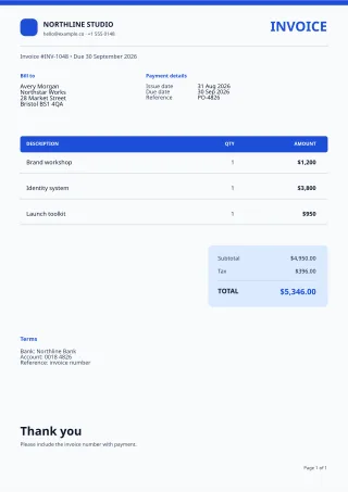 Professional Invoice — Clear Blue — editable white invoice template, a4 print