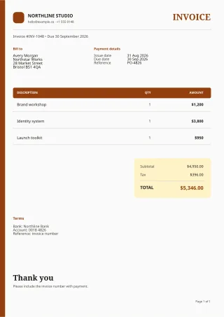 Professional Invoice — Editorial Amber — editable white invoice template, a4 print