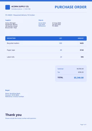 Purchase Order — Bold Indigo — editable white invoice template, a4 print