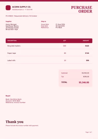Purchase Order — Burgundy Studio — editable white invoice template, a4 print