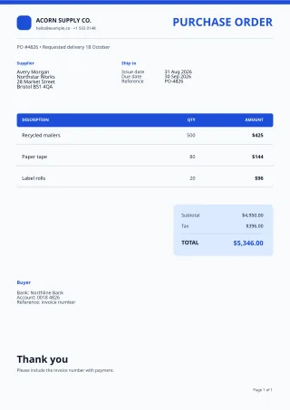 Purchase Order — Clear Blue — editable white invoice template, a4 print