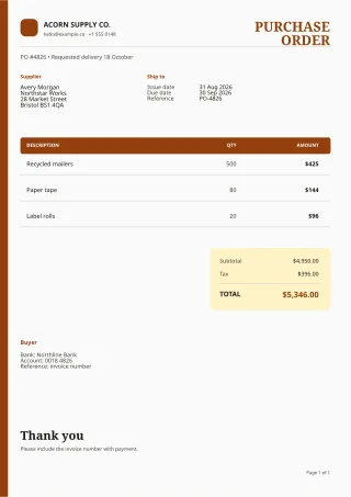 Purchase Order — Editorial Amber — editable white invoice template, a4 print
