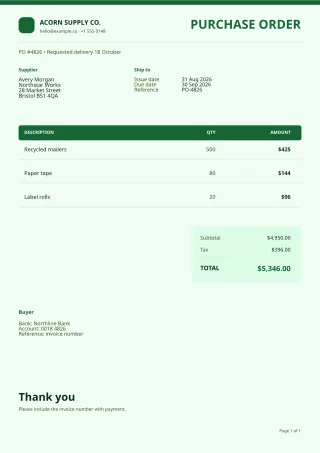 Purchase Order — Sage Office — editable white invoice template, a4 print