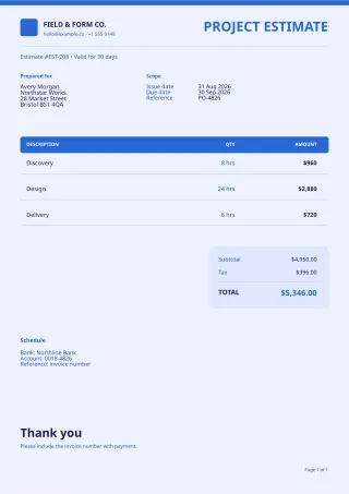 Service Estimate — Bold Indigo — editable white invoice template, a4 print