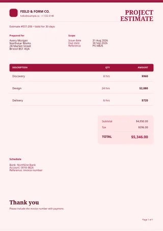 Service Estimate — Burgundy Studio — editable white invoice template, a4 print