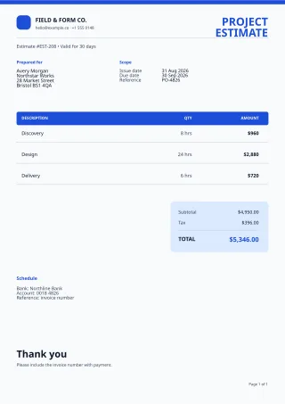 Service Estimate — Clear Blue — editable white invoice template, a4 print