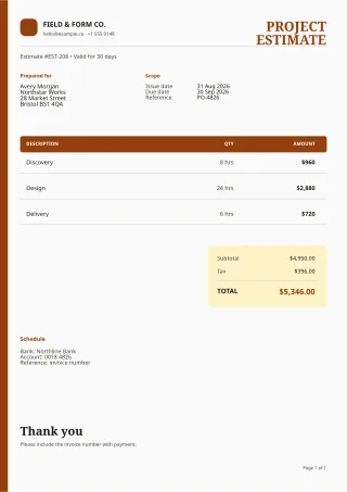 Service Estimate — Editorial Amber — editable white invoice template, a4 print