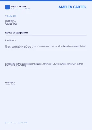 Resignation Letter — Bold Indigo — editable white professional letter template, a4 print