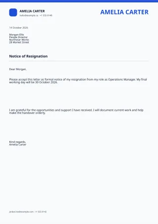 Resignation Letter — Clear Blue — editable white professional letter template, a4 print